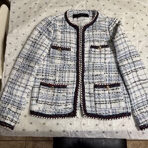 Zara White and Black Tweed Blazer